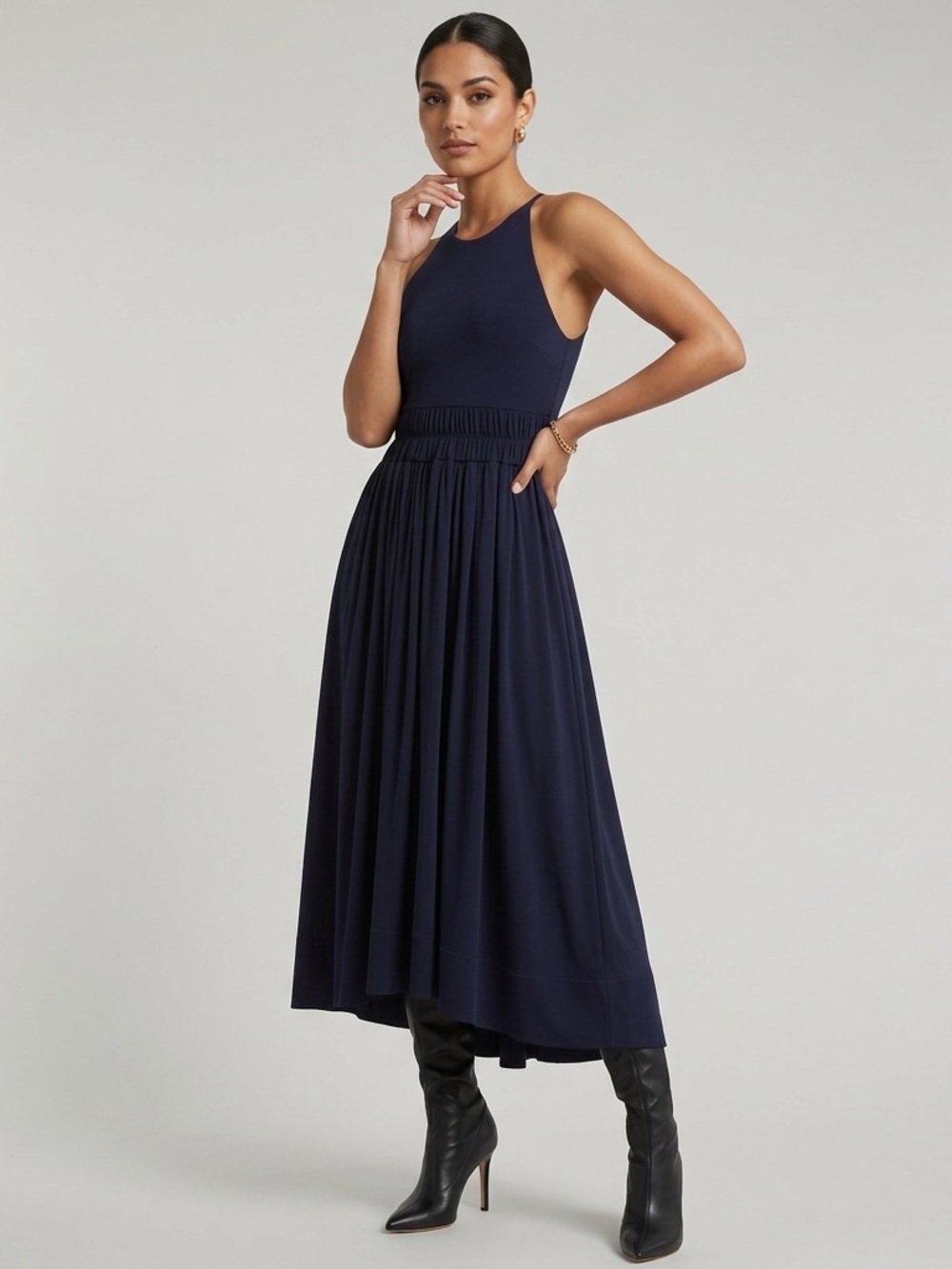 3.1 Phillip Lim Shirred Waist Midi Dress Navy Chain Strap Size M NWT